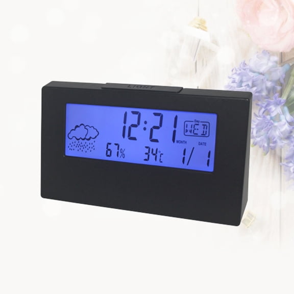 ELAYARD Black Digital LCD Alarm Clock with Temperature & Humidity Display, Desktop Table Clock for Home and Office Use