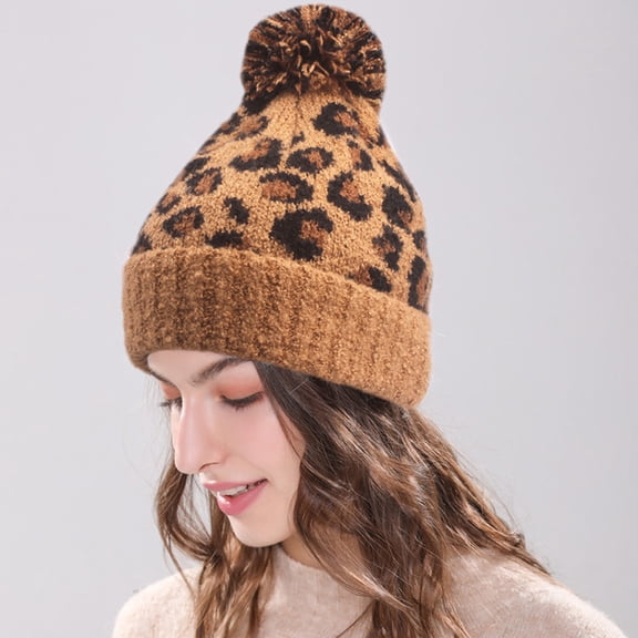 ELAYARD Women's Leopard Print Wool Knit Beanie - Warm, Stylish Winter Hat Accessory in Brown