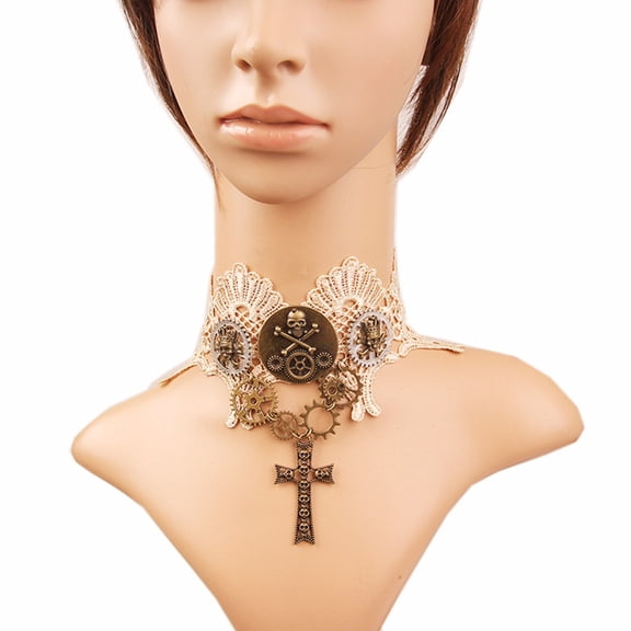 ELAYARD Retro Steampunk Gear Skeleton Skull Design Alloy Lace Necklace Party Accessory for Women Coffee 1Pack