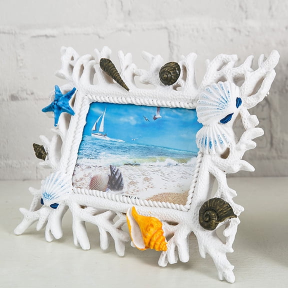 ELAYARD Resin White Picture Frame with Attached Shells for Nautical Home Photo Display