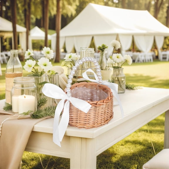 ELAYARD Natural Rattan Flower Basket with Handle and Ribbon for Weddings, Events, Home Decor, and Presentation