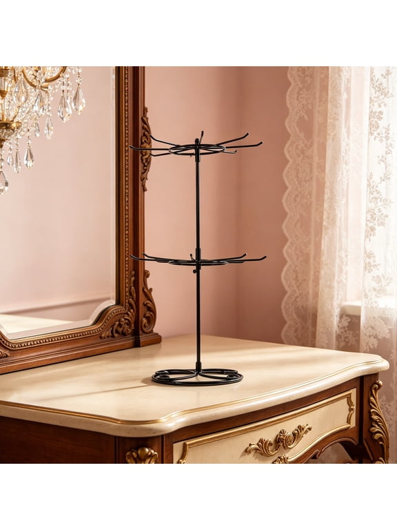 2-Tier Detachable Black Metal Jewelry Stand, Rotating Necklace and Bracelet Holder, Organizer Display Rack for Vanity