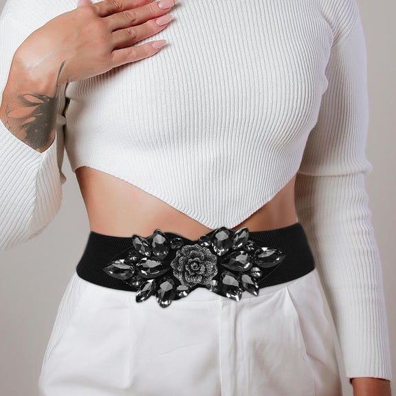 ELAYARD Women's Elegant Black Rhinestone Dress Belt, Wide 3.5 Inch Elastic Waist Corset for Parties, Formal Events, and Special Occasions