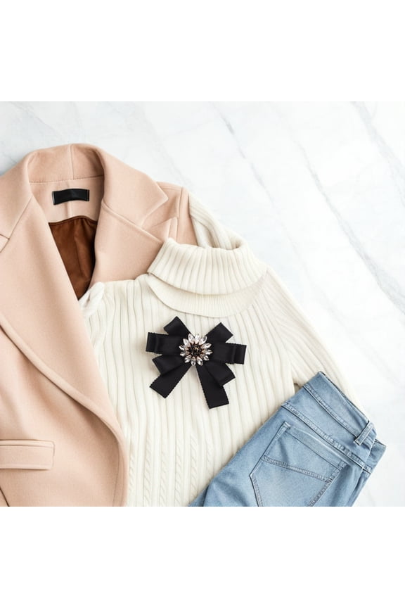 Black Rhinestone Bow Brooch Pin Satin Zinc Alloy Lightweight Material for Versatile Shirt Accessory