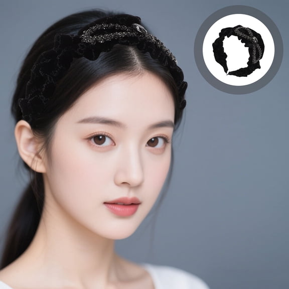 ELAYARD Wide Velvet Headband with Rhinestone Wheat Design Black Elegant Hair Accessory