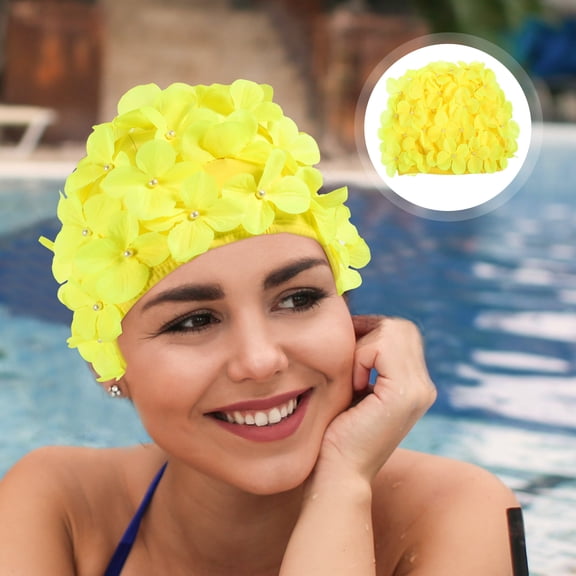 ELAYARD Yellow Floral Swim Cap, Polyester Material, Comfortable Fit, Anti-Skid Design for Swimming and Water Sports