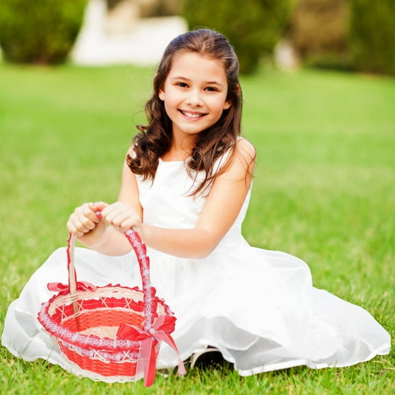 ELAYARD Red Flower Girl Basket for Weddings Party Storage Plastic with Details 9.5 in