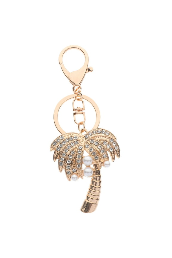 Cute Golden Keychain with Polished Finish and Inlaid Rhinestone Palm Tree
