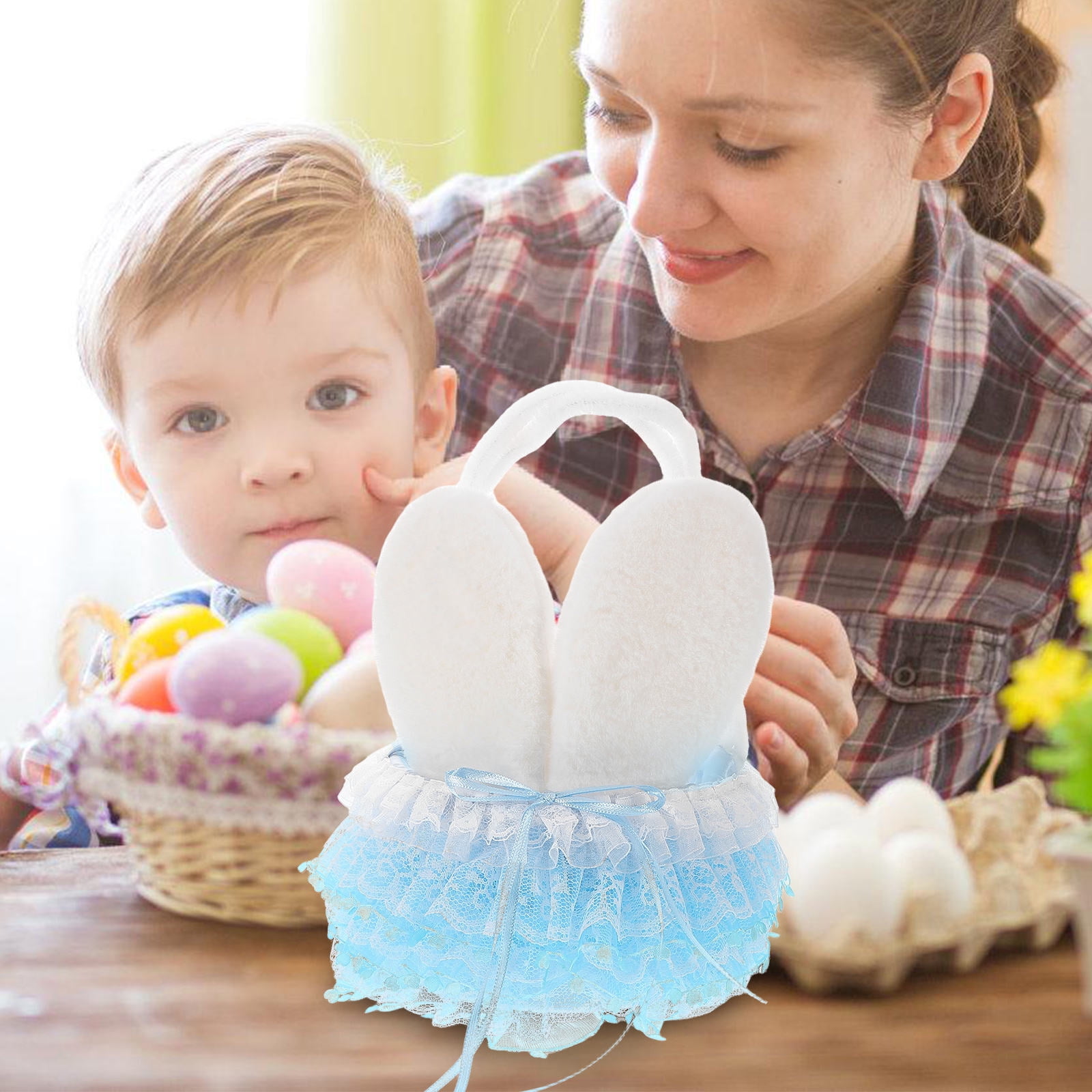 ELAYARD Sky- Easter Bunny Basket with Plastic Mesh - Adorable Party Decoration and Holder