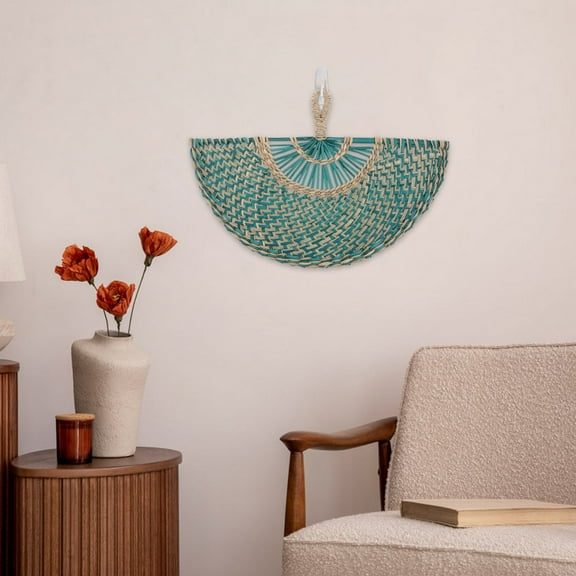 ELAYARD Green Asian Handwoven Straw Fan Wall Art for Rustic Boho Decor and Summer Cooling