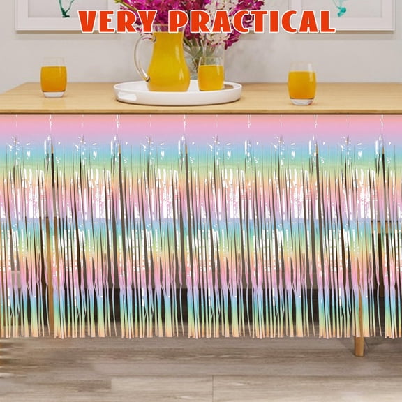 ELAYARD Iridescent Foil Fringe Table Skirt Versatile Use for Wedding Mardi Gras and Birthday