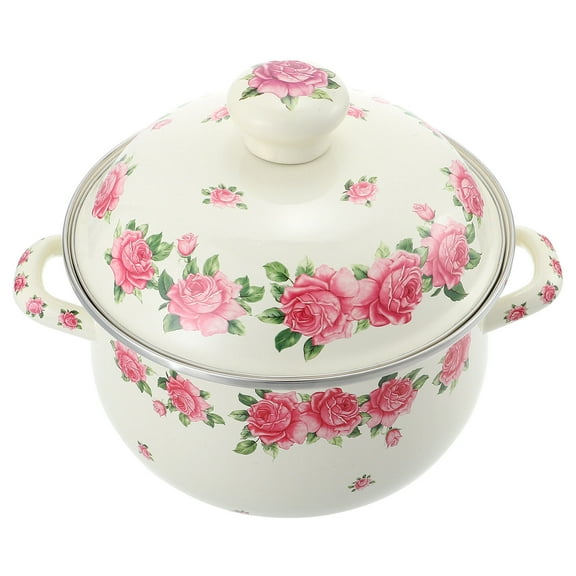 ELAYARD Enamel Soup Pot Pink Retro Pattern Nonstick Double Handle for Home Use