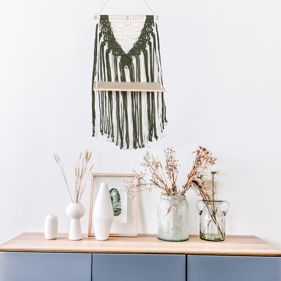 ELAYARD Boho Wall Hanging Shelf in Green with Handwoven Cotton and Tassels for Bedroom