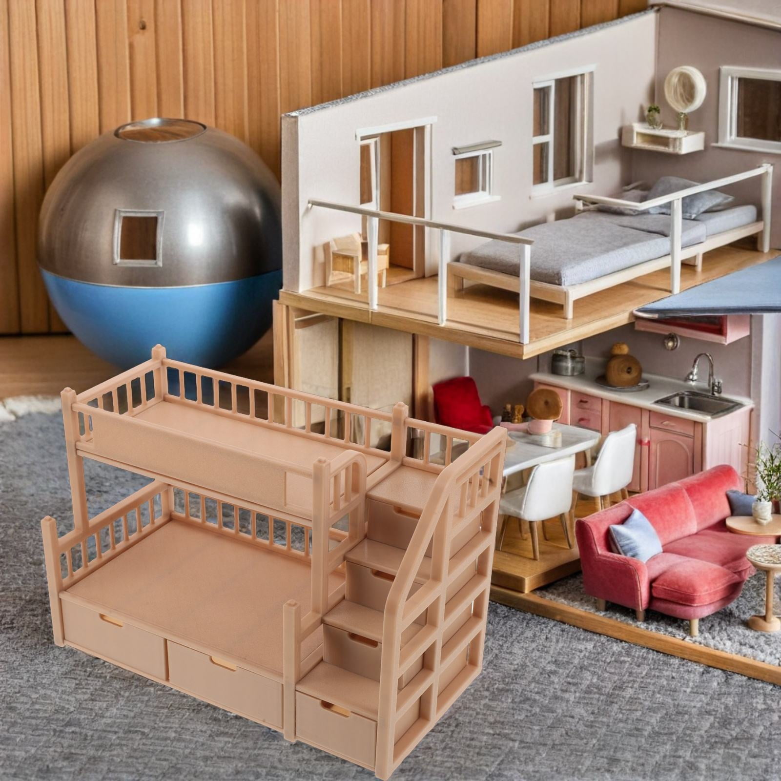 ELAYARD Miniature Bunk Bed for Dolls Light Brown Plastic Dollhouse  Furniture with Storage Drawer and Realistic Design, image size:1600x1600