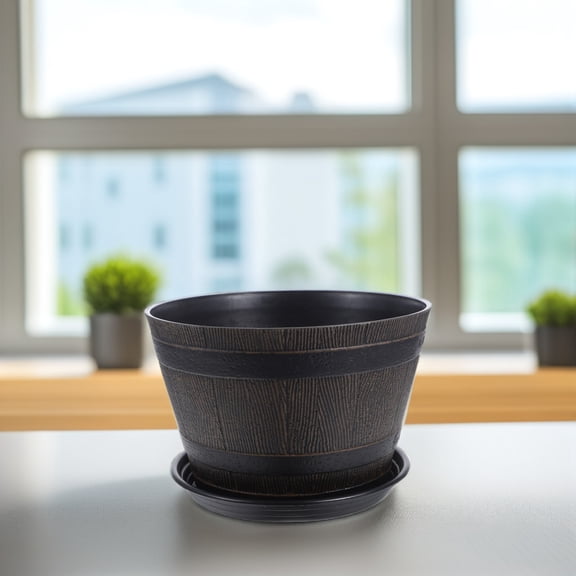 ELAYARD Small Clay Pots Barrel Planter In Dark Brown ABS For Balcony Plants 1Set