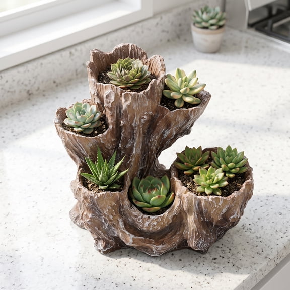 ELAYARD Multi Hole Faux Wood Planter Pot for Indoor Decorative Succulent and Cactus Plants