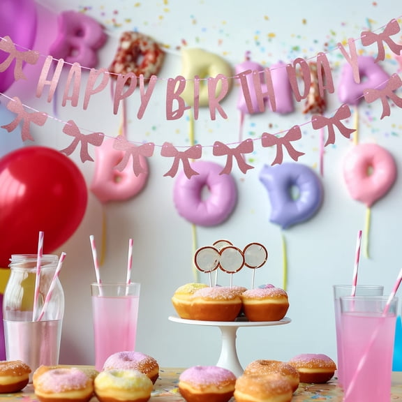 ELAYARD Pink Bow Birthday Banner Reusable Happy Birthday Sign for Party Decor