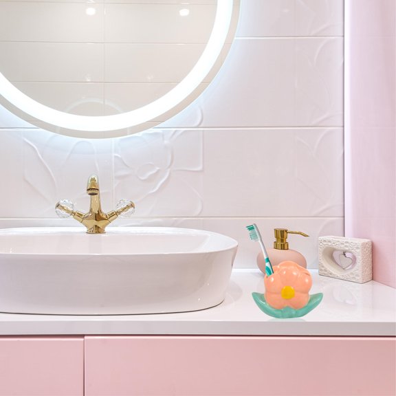 ELAYARD Pink Ceramic Toothbrush Holder for Bathroom Countertop with Stable Support and Stylish Design