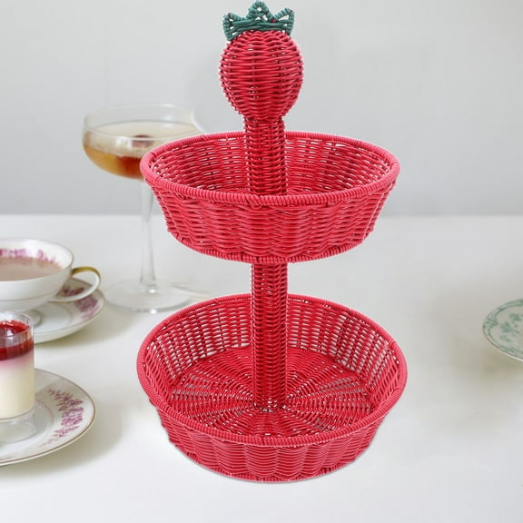 ELAYARD Red Double Layer Round Woven Storage Basket with Strawberry Design, 2-Tier PP Organizer for Home and Office