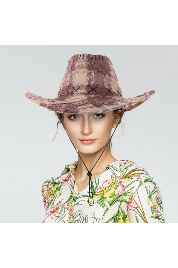Vintage Japanese Style Cowboy Hat with Wide Brim Uv Protection Brown Fabric Adjustable Fit