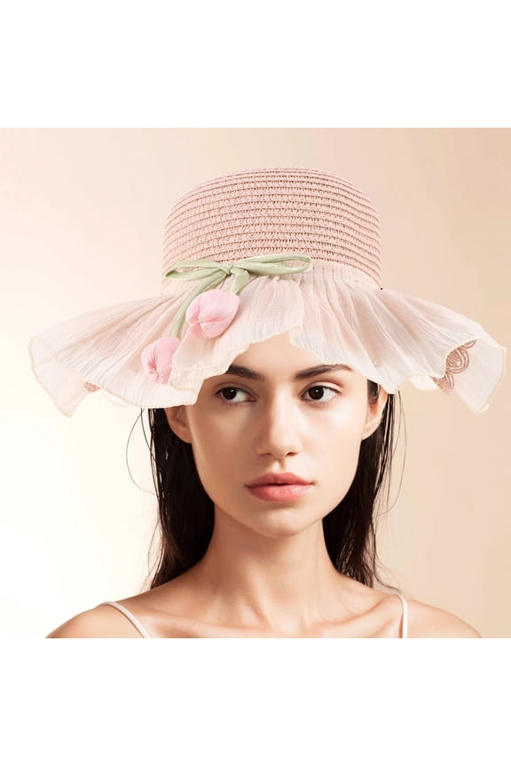 straw sun hat Straw Sun Hat Pink 1Pcs Fashionable Style for Beach Outings
