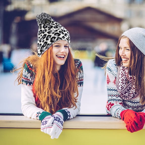 ELAYARD White Knitting Wool Hat Fashion Knitted Beanie with Leopard Pattern