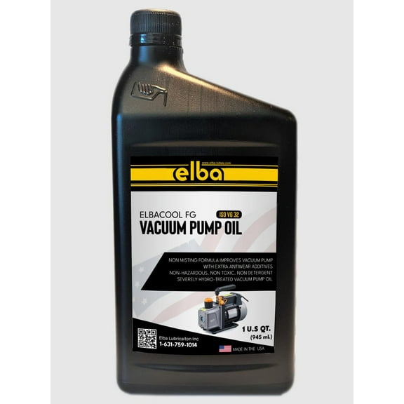 ELBACOOL FG Vacuum Pump Oil ISO VG 32, Synthetic, HYDROTREATED, Clear, 1 QT Pack WIDELY Compatible for Fluid Pump, Automotive, Electrical, and Mechanical Systems. Made in USA
