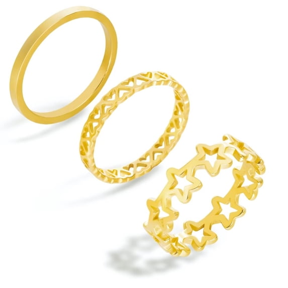 ELBLUVF Set of 3pcs Stainless Steel Gold Plated Simple Star Heart Band Ring for Women Jewelry (5)