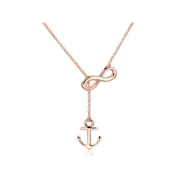 ELBLUVF Stainless steel 18K Rose gold Plated Anchor Infinity Y Shaped Lariat Style Necklace 18inch For Women