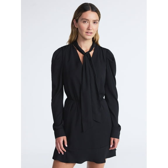 Scoop Women’s Tie Neck Mini Dress with Ruched Sleeves, Sizes XS-XXL