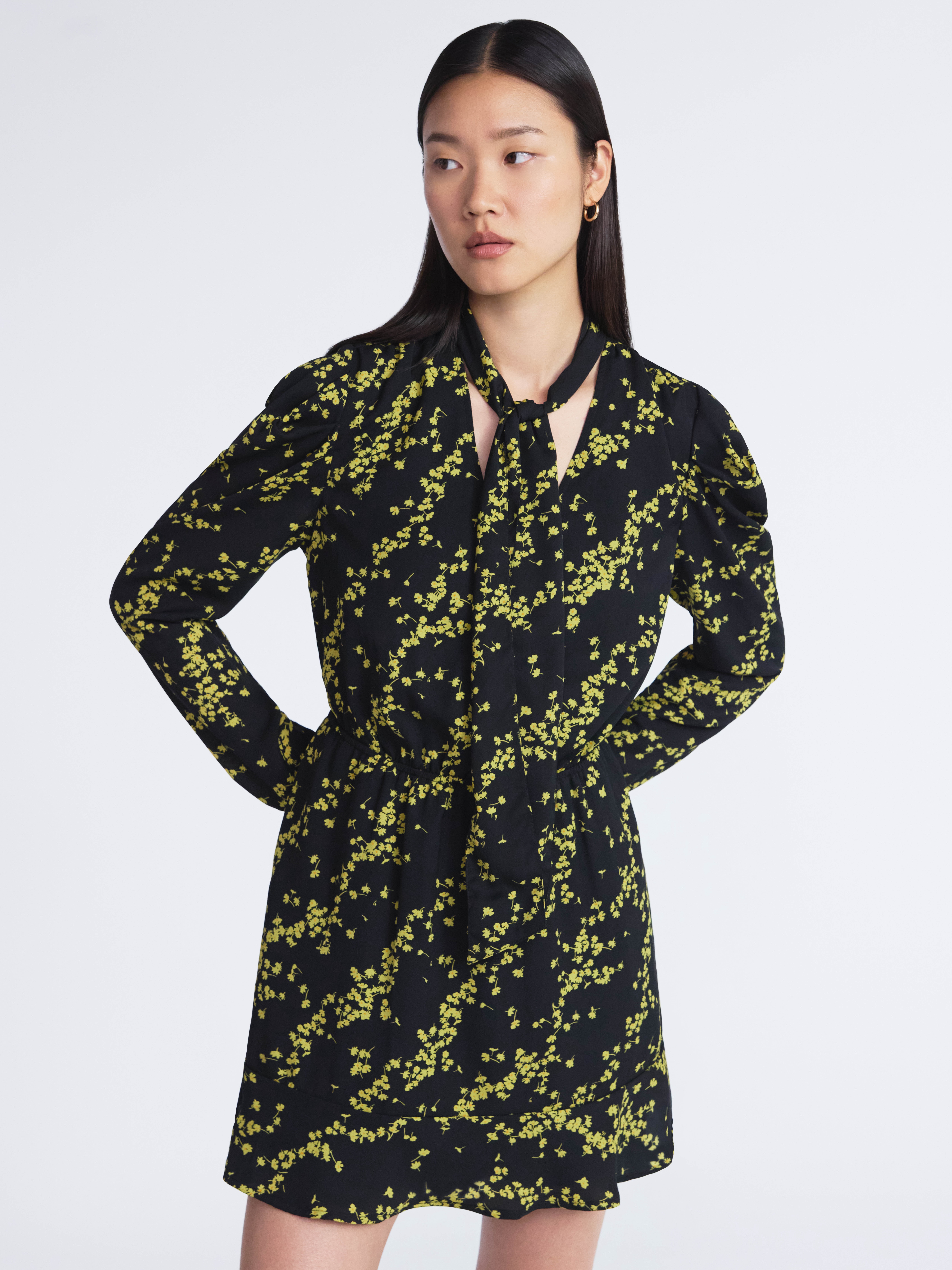 Scoop Women’s Tie Neck Mini Dress with Ruched Sleeves, Sizes XS-XXL