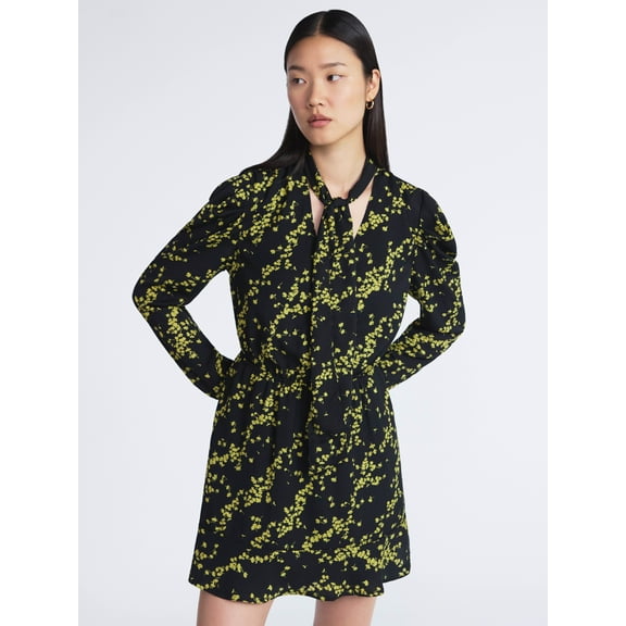 Scoop Women’s Tie Neck Mini Dress with Ruched Sleeves, Sizes XS-XXL
