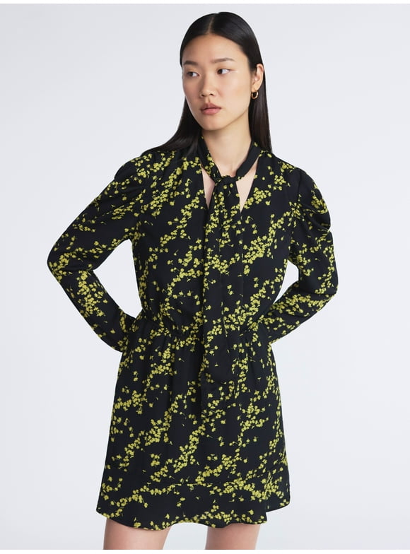 Women’s Tie Neck Mini Dress with Ruched Sleeves, Sizes XS-XXL