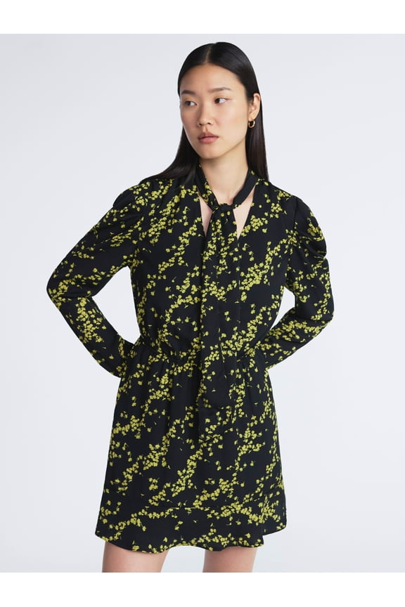 Women’s Tie Neck Mini Dress with Ruched Sleeves, Sizes XS-XXL