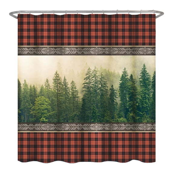 ELC Designs Group Fantasy Nature Misty Tree Forest Woodland Cabin Plaid Waterproof Polyester Fabric Cloth Bath Shower Curtain, Hooks Included, Bathroom Home Dcor, 72 X 72