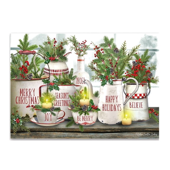 ELC Designs Group Sparkling Christmas Greenery in Vintage Winter White Holiday Ceramic Enamelware Jars Lighted Canvas Print Wall Art Cozy Inviting Home Dcor