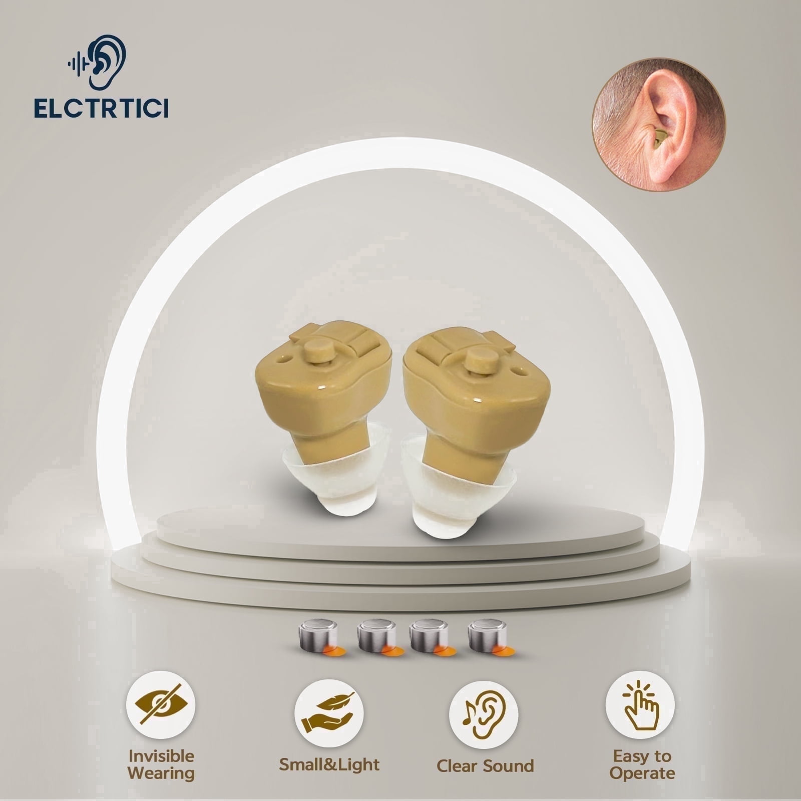 ELCTRTICI Hearing Aids for Seniors, Mini Invisible Hearing Aids with Smart Noise Reduction Clear Sound, Replaceable Battery, VHP-603 Binaural, Beige