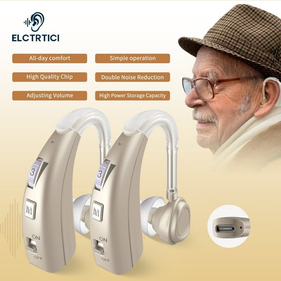 ELCTRTICI Hearing Aids for Seniors, Rechargeable Hearing Aids With Noise Cancelling and Volume Control,2 Frequency Modes,VHP-1303 Binaural,Gold