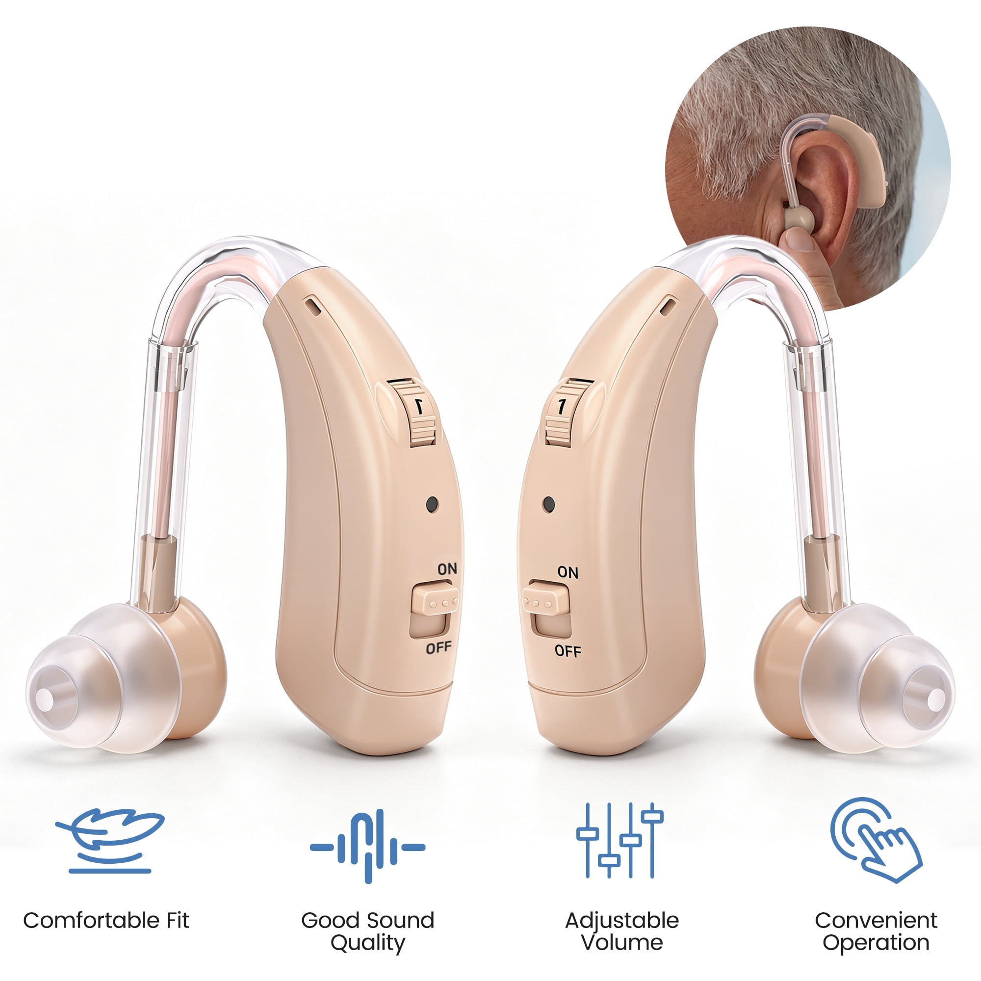 ELCTRTICI Rechargeable Hearing Aids for Seniors, Digital Hearing Aids for Ears, Pair, VHP-1721, Beige