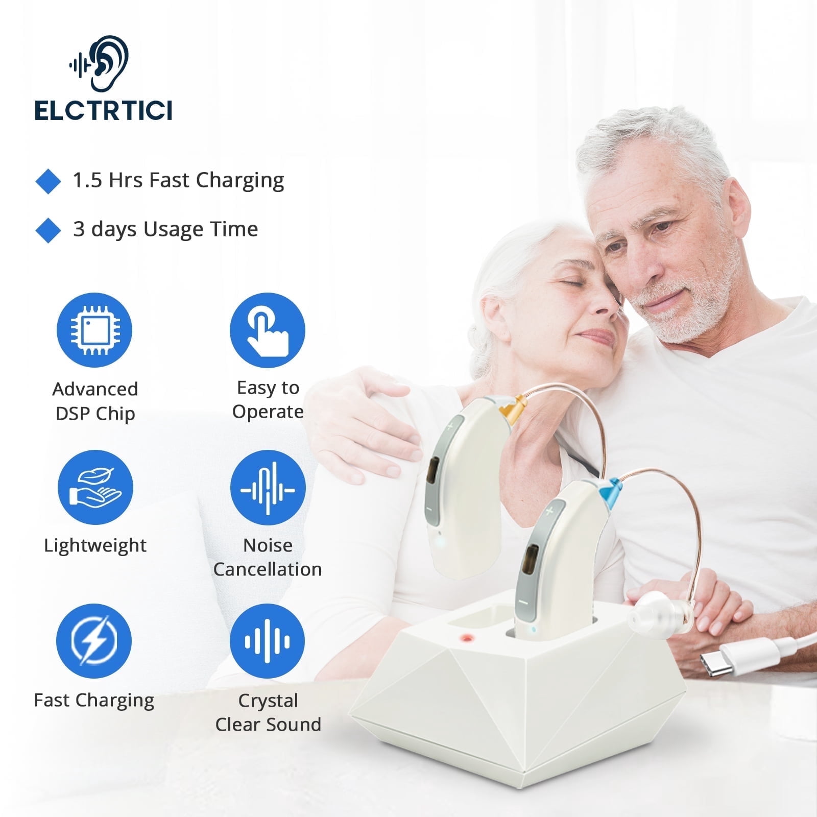 ELCTRTICI Hearing Aids for Seniors, with 32 Channels & 4 Modes, Rechargeable Binaural Hearing Aids with Noise Reduction, Charging Dock, VHP-1804 White