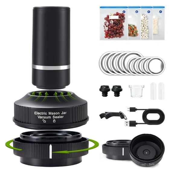 ELCTRTICI Vacuum Sealer, Mason Jar Vacuum Sealer Kit, Regular & Wide Mouth Attachments, Silicone Sealing, Food Preservation, Black