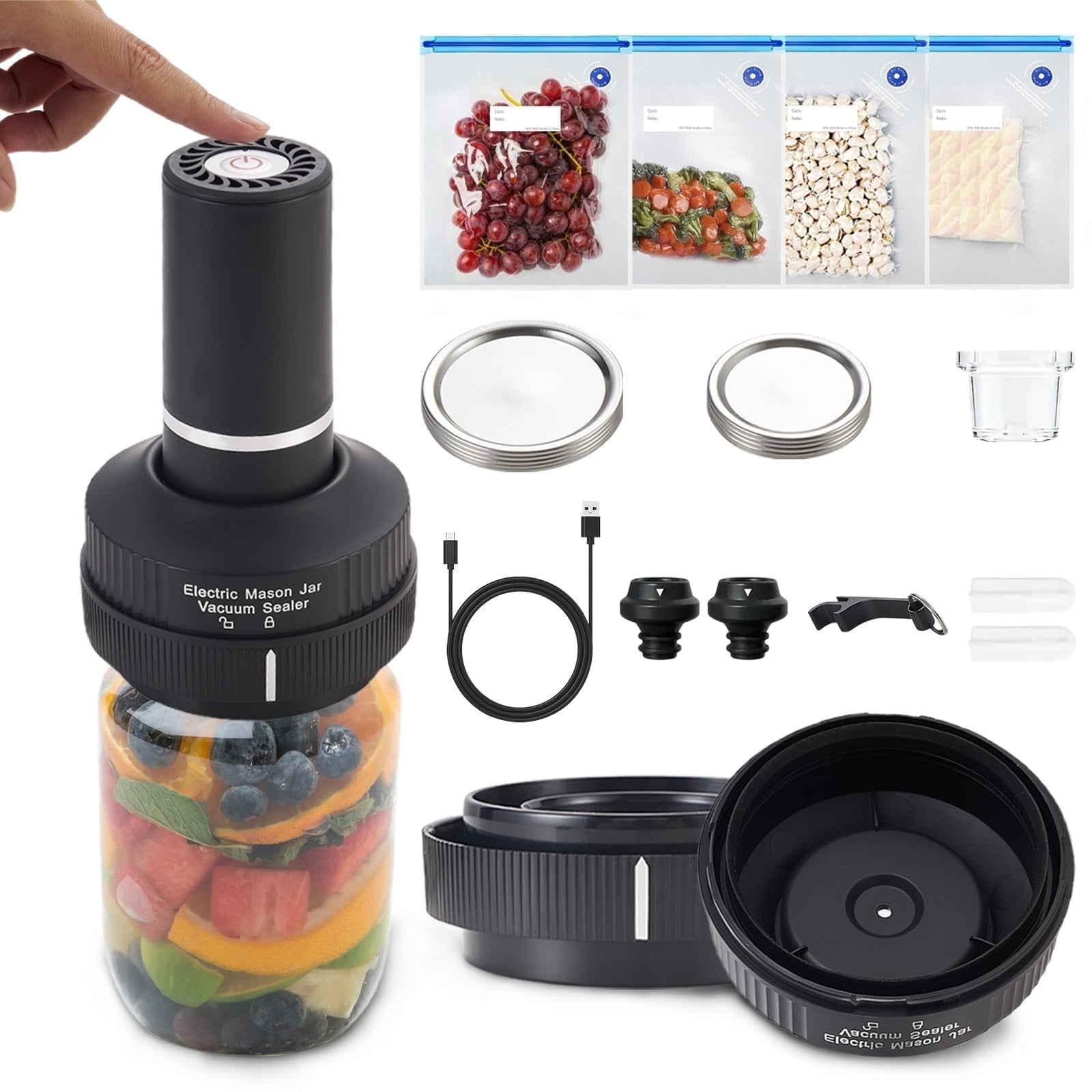 ELCTRTICI Vacuum Sealer, Rechargeable Mason Jar Vacuum Sealer, With Reusable Vacuum Seal Bags, Mason Jar Accessories for Versatile Food Storage, Black