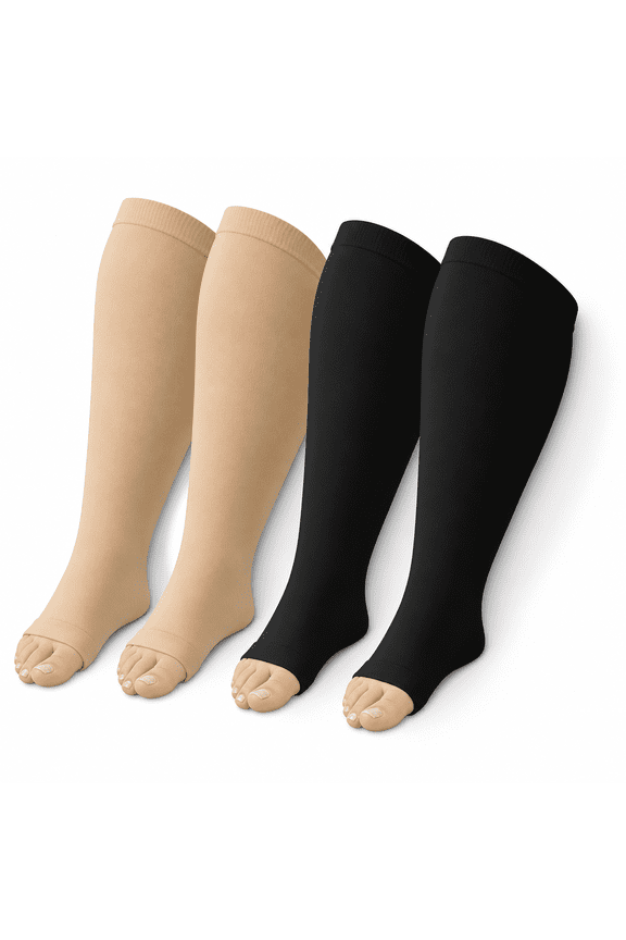 Open Toe Compression Socks Women, Compression Socks for Women and Men - 2 Pairs of 20-30 mmHg Knee High Stockings, Plus Size Toeless Compression Socks for Women Wide Calf, Mixed Color, 2XL