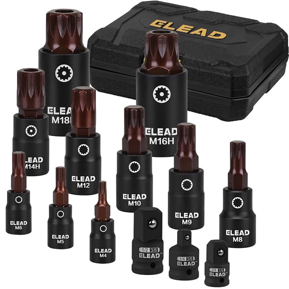 ELEAD 13PCS XZN Triple Square Spline Bit Socket Set, S2 Steel M4-M18 Triple Square Sockets with 1/4" 3/8" 1/2" Adapters for European Auto Repair