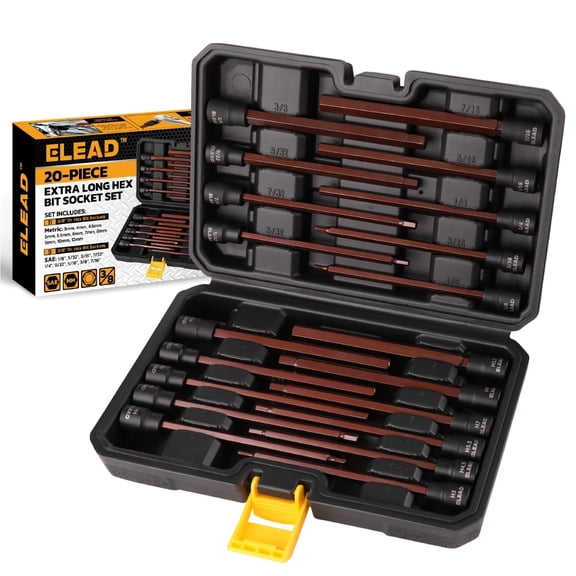 ELEAD 20PCS Extra Long Allen Hex Bit Socket Set, 3/8 Inch Drive 150mm S2 Steel SAE & Metric Allen Sockets for Ratchet Wrenches & Impact Drills