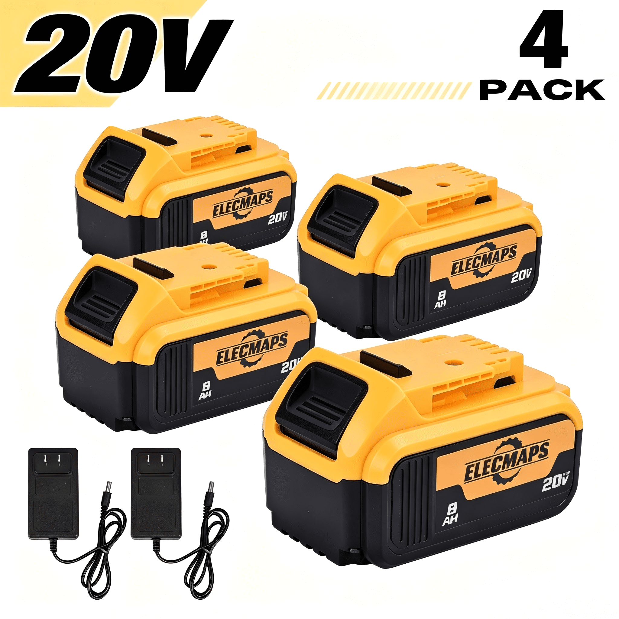 ELECMAPS 4-Pack 20V 8.0Ah Battery for DeWalt, Replacement for DCB200 DCB201 DCB206 DCB204 DCB208, Compatible with DeWalt 20V MAX Cordless Power Tools & Chargers