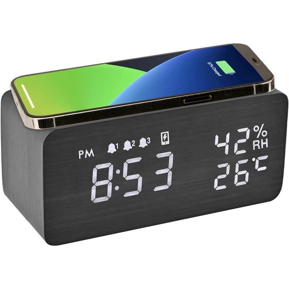 ELECTIME Wooden Digital Alarm Clock with Wireless Charging, Temperature, Humidity, 3 Alarms Display