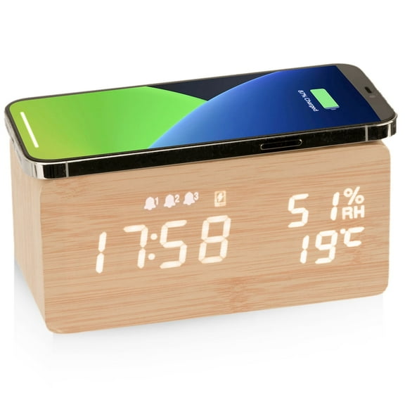 ELECTIME Wooden Digital Alarm Clock with Wireless Charging, Temperature, Humidity, 3 Alarms Display