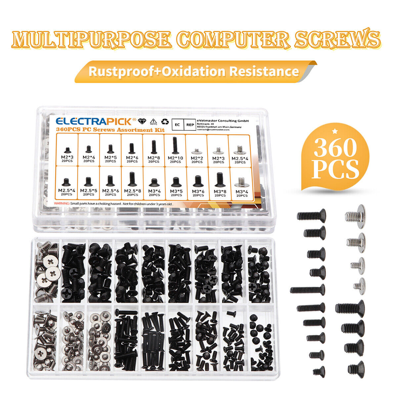 ELECTRAPICK 360PCS Computer Screws Repair Kit, M2/M2.5/M3 Flat Cross