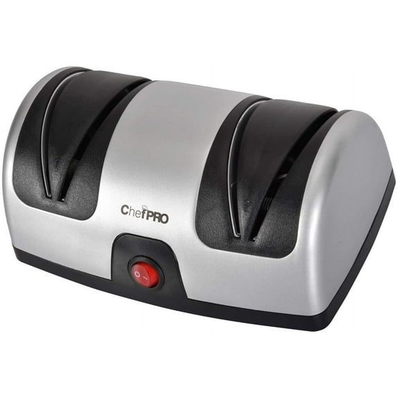 ELECTRIC KITCHEN KNIFE SHARPENER AND POLISHING SYSTEM by CHEF PRO, 2-Stage Sharpening, Compact And Easy-to-Use Design, Suction Cup Bottom and Easy Cleaning, Black-Silver